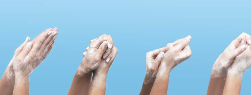 Millennial girl showing steps of effective handwashing on blue background, collage. Panorama